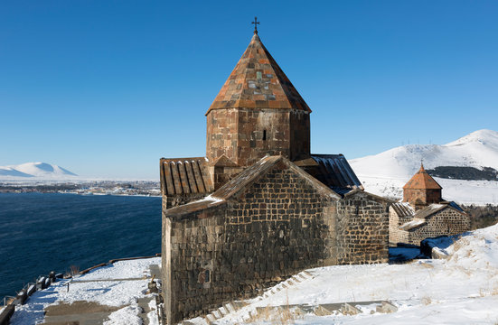 Scenic view of an old Sevanavank church in Sevan, Armenia on sunny winter day