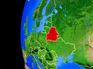Belarus from space on realistic model of planet Earth with country borders and detailed planet surface.
