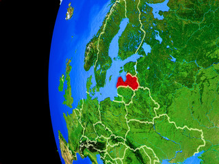 Latvia from space on realistic model of planet Earth with country borders and detailed planet surface.