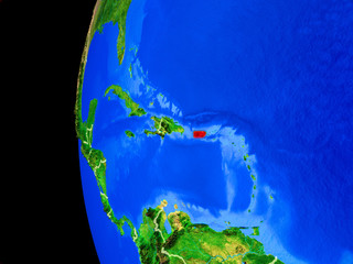 Puerto Rico from space on realistic model of planet Earth with country borders and detailed planet surface.