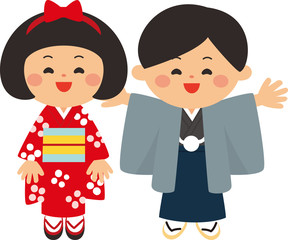 正月素材　着物を着た子供達　ベクターイラスト素材