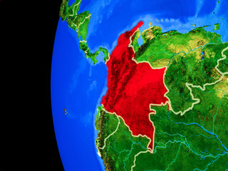 Colombia from space on realistic model of planet Earth with country borders and detailed planet surface.