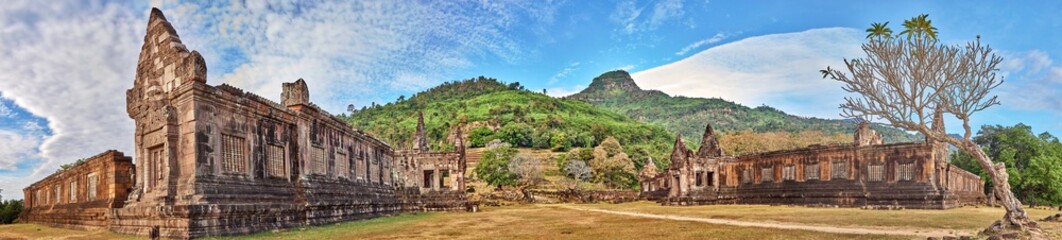 View on the south and north palace of the Vat Phou temple complex UNESCO World Heritage Site at...