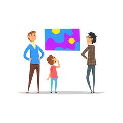 People looking at painting hanging on the wall, art gallery with visitors vector Illustration