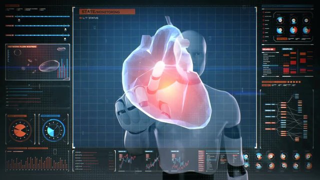 Robot touching digital screen, scanning polygon heart. Human cardiovascular system with UI, future medical technology. 4k animation.1.