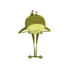 Green frog amfibian animal cartoon character standing on two legs vector Illustration on a white background