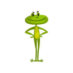 Little funny frog, green cute amfibian animal cartoon character vector Illustration on a white background