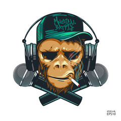 Hipster monkey is a music lover with earphones and two microphones. Musical battle - obrazy, fototapety, plakaty