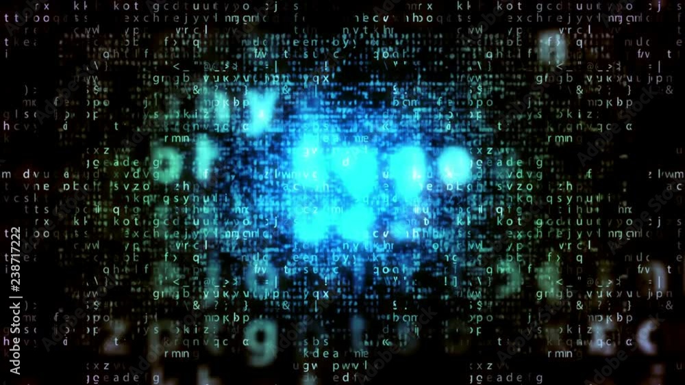 Poster wonderful 3d rendering of shining celeste matrix letters falling down fast in the black background. 