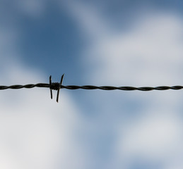 A dark, single barb on a barb wire fence against a partially cloudy sky. There is twisted wire on either side. There is room for text at the top or bottom.