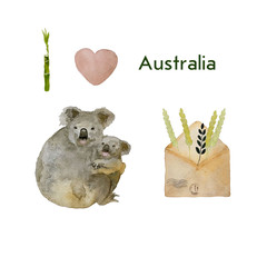 Koala bear , mother with child, watercolor illustration isolated on white background with i love Australia.