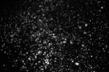 Falling snow on a black background. Snowfall weather. Texture for overlay