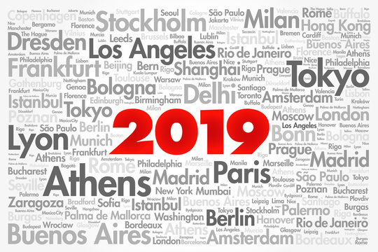 2019 travel cities word cloud collage, trip destinations concept background