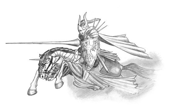 Black and white pencil drawing of medieval or fantasy knight riding or charging on horse with jousting lance and shield.