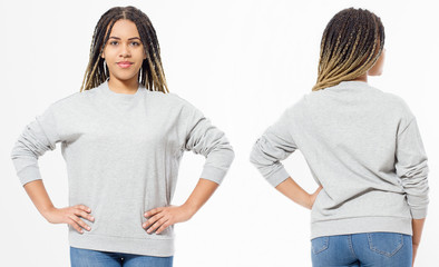 African american girl in template blank sweatshirt isolated on white background. Front and rear pullover view. Copy space and mock up. Place for adverising