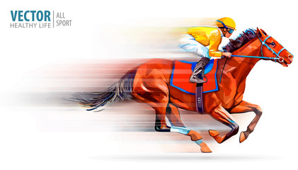 Fototapeta premium Jockey on racing horse. Champion. Hippodrome. Racetrack. Horse riding. Vector illustration. Derby. Speed. Blurred movement. Isolated on white background.