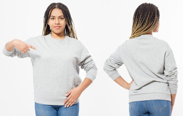 African american girl in template blank sweatshirt isolated on white background showing copy space on clothes. Front and rear pullover view. Mock up and Place for adverising