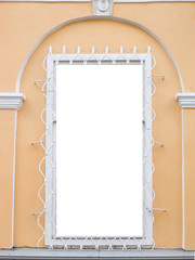 Window with white frame on light brown wall background with frame to insert picture or photo