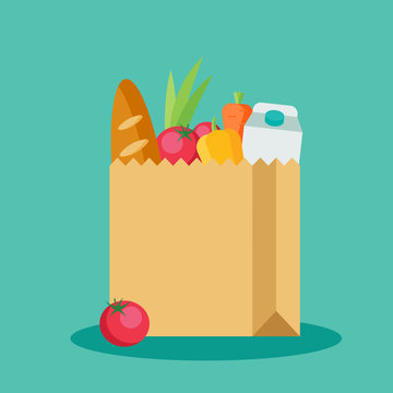 Paper package with produce flat icon isolated on blue background. Paper bag in flat style. Grocery bag with vegetables vector illustration.