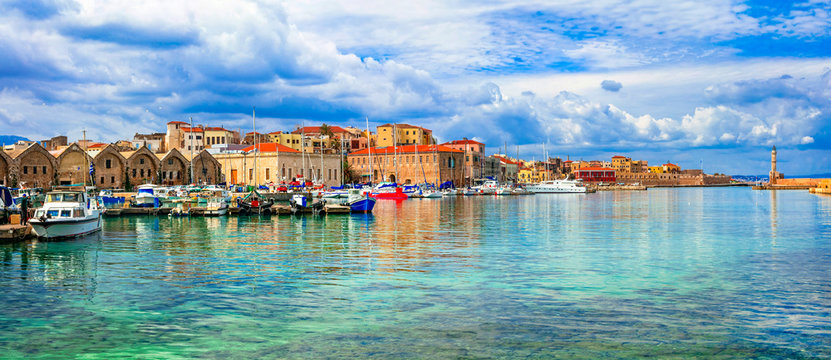 Beautiful Greece and best scenic places - panorama of picturesque old town Chania. Crete island