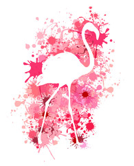 Flamingo silhouette on background made of paint splatters, vector