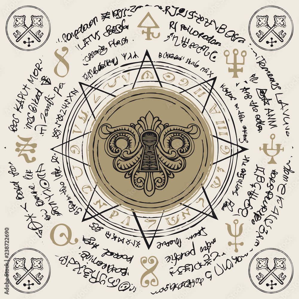 Aufkleber illustration of a keyhole inside an octagonal star with handwritten magic inscriptions and symbols. 