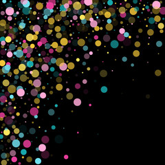 Memphis round confetti festive background in cyan blue, pink and yellow. Childish pattern vector.