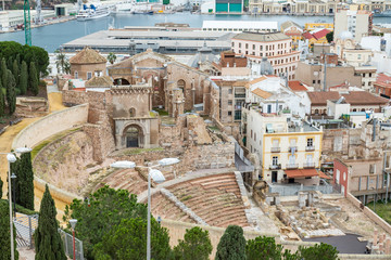 Obraz premium Cartagena, Spain. View of the Roman city theater with sea in the background