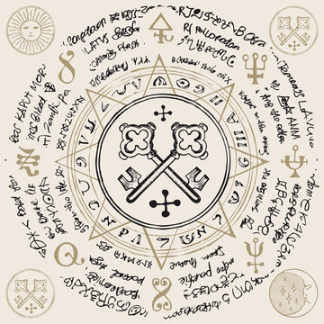Illustration of the keys inside an octagonal star with handwritten magic inscriptions and symbols. Vector banner with an old manuscript in retro style written in a circle.