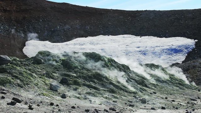 Volcanic activity, sulfur fumarole and hot gas on the slope of Ebeko volcano, Northern Kuriles, Paramushir Island