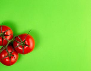 Group of three red tomatoes on a green background