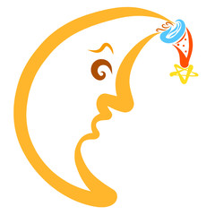 Fototapeta premium Funny moon in a festive hat with a star, colorful pattern