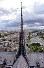 Notre-Dame Cathedral, Paris, France. Spire (La Fleche) and Apostles, Seine river and cityscape from towers viewpoint.