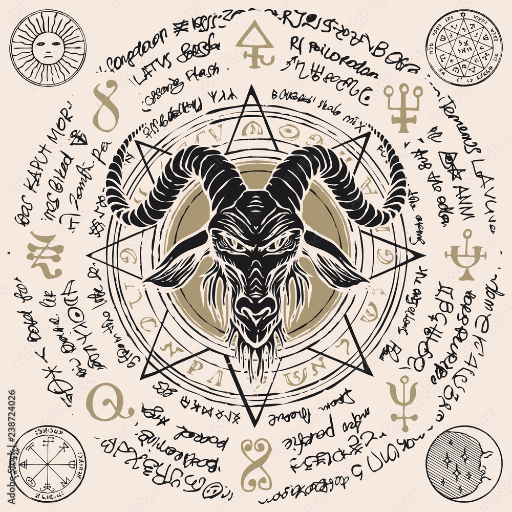 Wall mural vector banner with illustration of the head of a horned goat and octagonal star inscribed in a circl