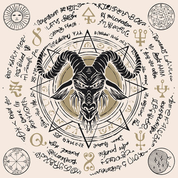 Vector banner with illustration of the head of a horned goat and octagonal star inscribed in a circle. The symbol of Satanism Baphomet on the background of old manuscript written in a circle