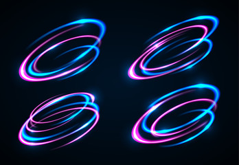 Vector light effect. The object s light stroke. Circular lens flare. Abstract rotational lines. Power energy element. Luminous sci-fi. Shining neon lights cosmic abstract frame. Magic round frame.