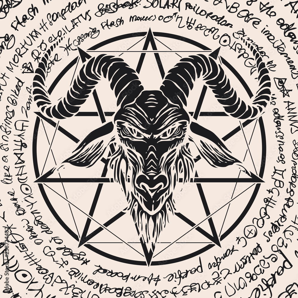 Wall mural vector banner with illustration of the head of a horned goat and pentagram inscribed in a circle. th