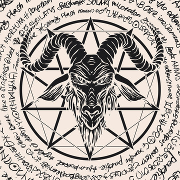 Vector banner with illustration of the head of a horned goat and pentagram inscribed in a circle. The symbol of Satanism Baphomet on the background of old manuscript written in a circle in retro style