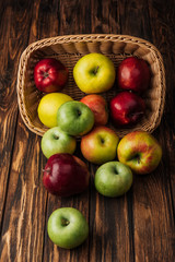wicker basket with scattered ripe apples on rustic wooden table