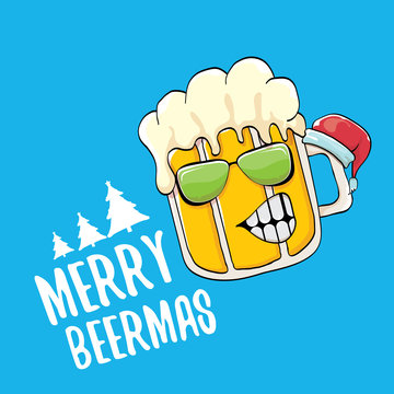 Merry beermas vector comic christmas greeting card with beer glass cartoon character and red santa hat isolated on blue background. Vector adult christmas beer party poster design template