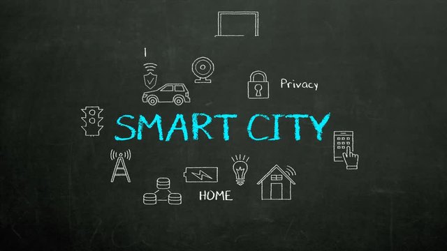 Blue chalk drawing of 'SMART CITY' and various connected industrial revolution 4.0 icon, 4k animation.