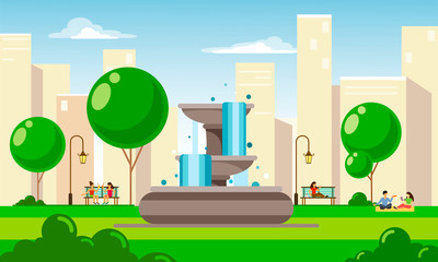 Public recreation park with a large fountain and people on the background of skyscrapers. Cartoon illustration in flat style