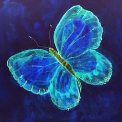 Flying butterfly in bright blue. The dabbing technique near the edges gives a soft focus effect due to the altered surface roughness of the paper...
