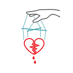 Fototapeta na wymiar The vector picture the split heart with blood drops on threads in someone's hand. Set of vector icons. The broken love and manipulations. Flat design. Monohrome