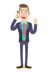 Businessman talking on mobile phone and pointing up