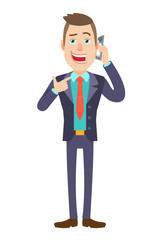 Businessman pointing his finger at the mobile phone that he talks