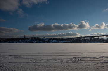 Winter view of Stockholm a frozen lake Mälaren and snow