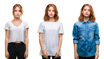Obraz premium Collage of young beautiful redhead woman over isolated background with serious expression on face. Simple and natural looking at the camera.