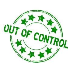Grunge green out of control word with star icon round rubber seal stamp on white background