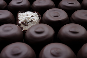 Rows of oval homemade desserts, marshmallow dipped in chocolate with only one bitten with missing top